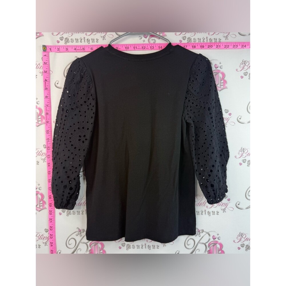 Reitmans shirt crochet style arms Black Eyelet Sleeve Top - Picture 2 of 8